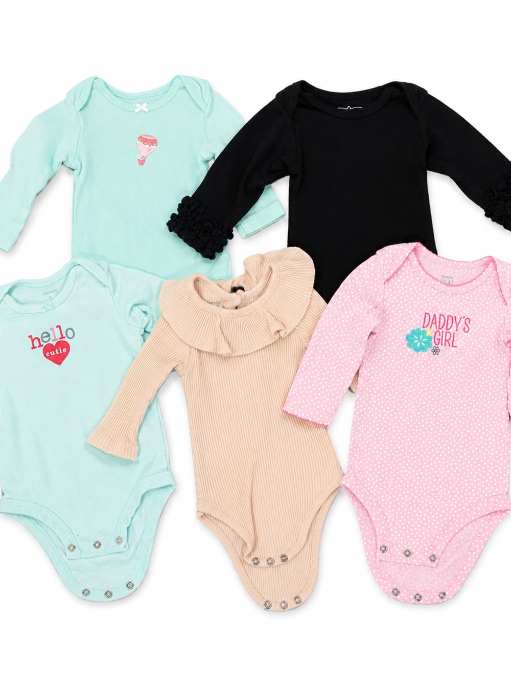 Baby Girls Long-Sleeve One-Piece Bodysuit Set - Pink, Mint, Black, Beige